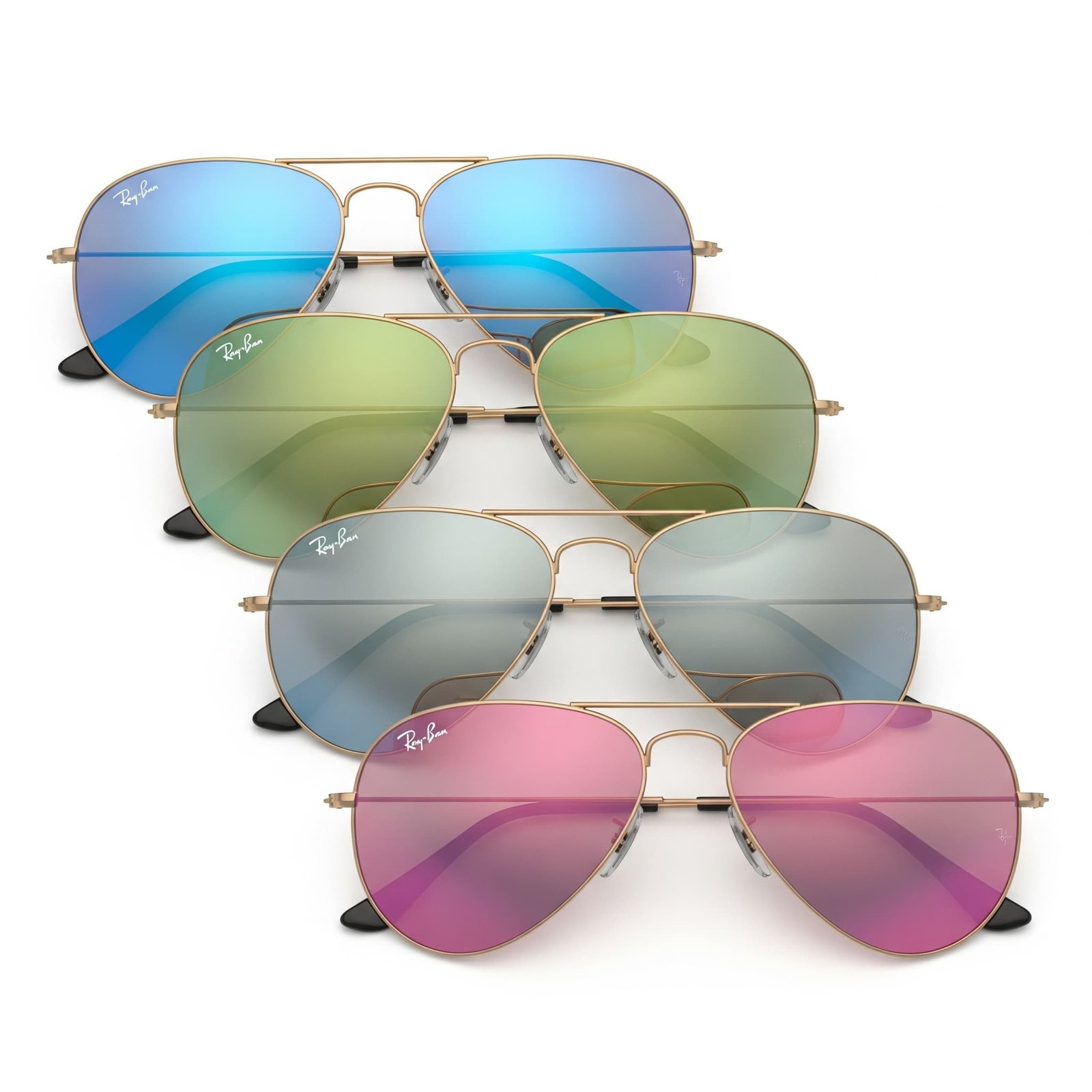 Tròng kính RayBan RB3025 Aviator Flash có lớp phủ gương với các biến thể màu xanh lam, xanh lá cay, bạc và hồng