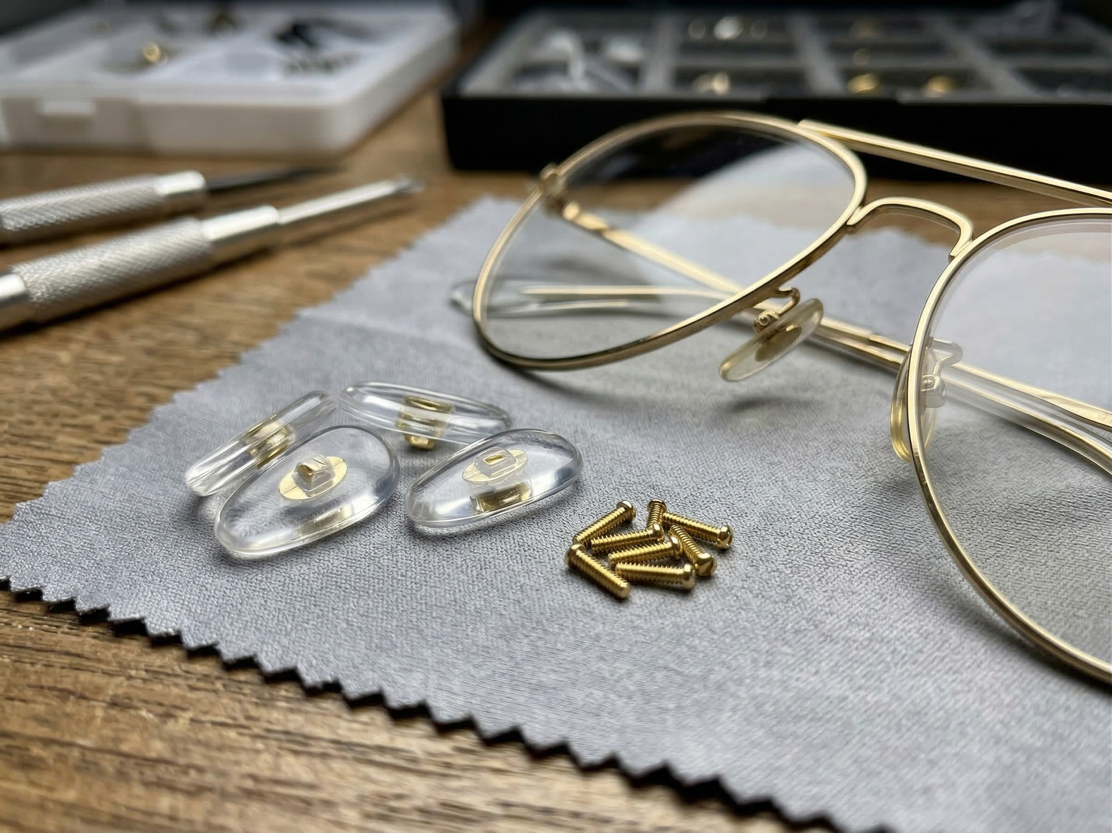 Kỹ thuật viên đánh bóng vệ sinh gọng kính Ray-Ban bằng máy siêu âm