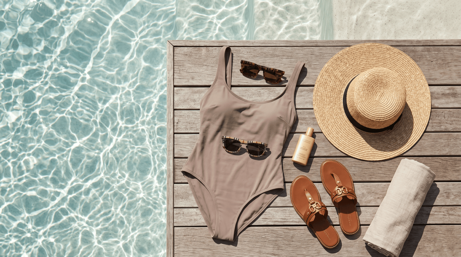 Phụ kiện tinh tế mũ cói dép da trang sức vàng hoàn thiện phong cách Quiet Luxury resort