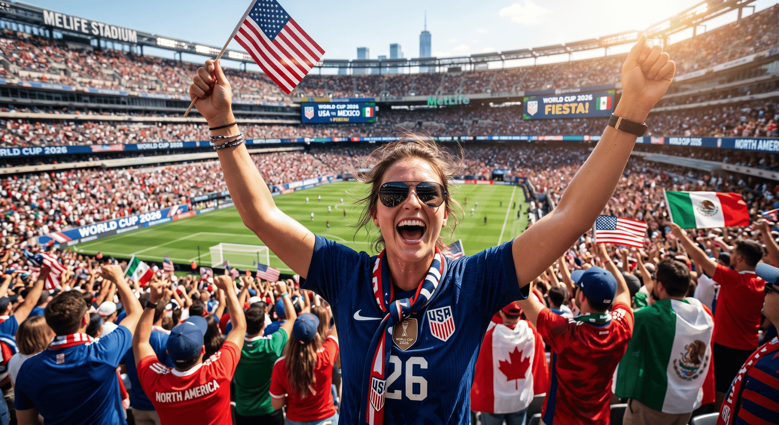 Cổ động viên cổ vũ World Cup 2026 tại Bắc Mỹ với kính râm Ray-Ban