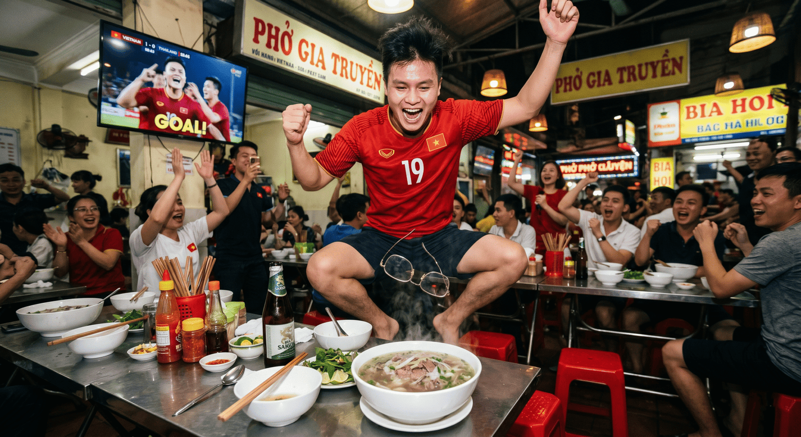 Kính cận bị rơi vào bát phở khi nhảy ăn mừng bóng đá – nỗi khổ hội bốn mắt mùa World Cup