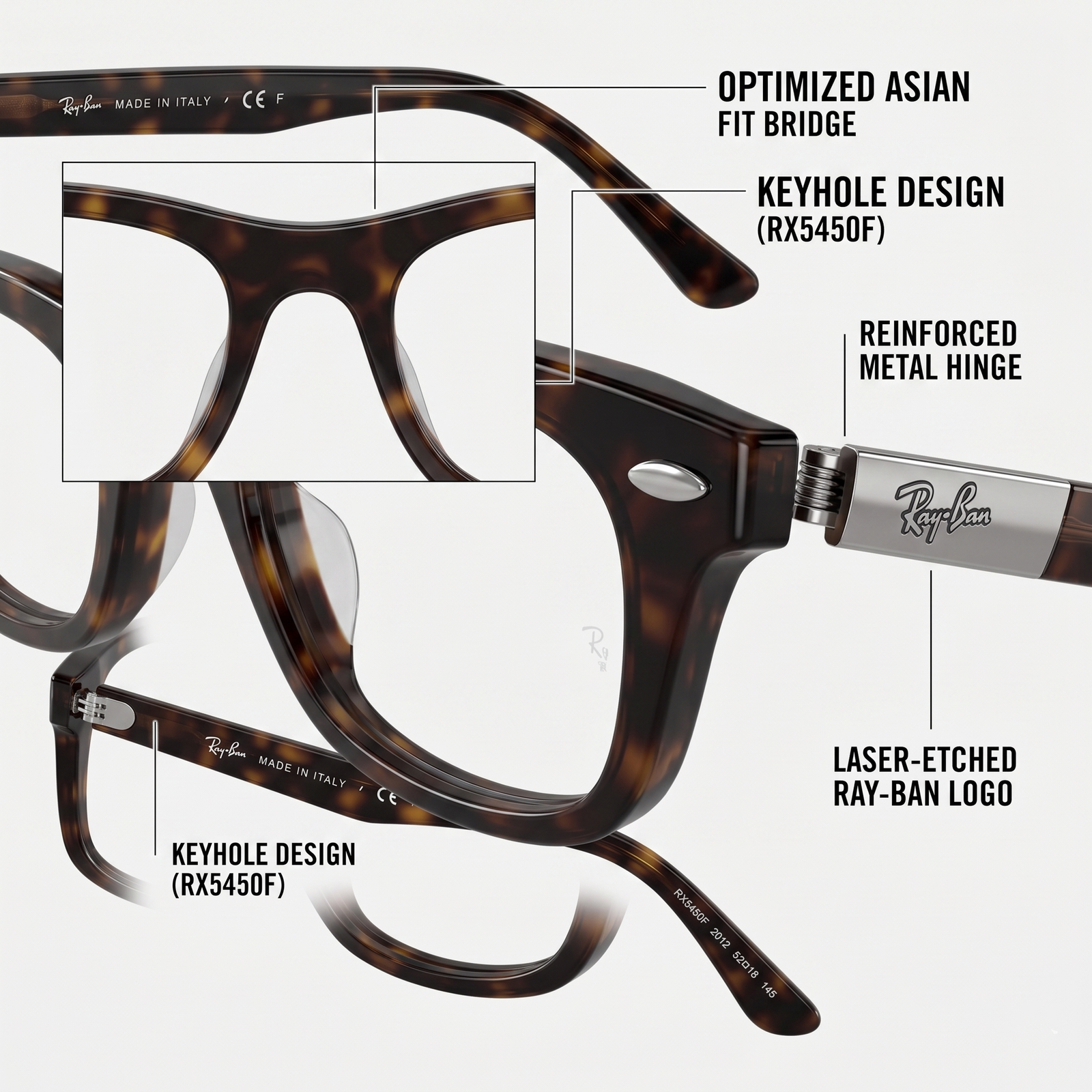 Thiết kế Asian Fit của Ray-Ban RX5450F 2012 – cầu kính cao phù hợp người châu Á