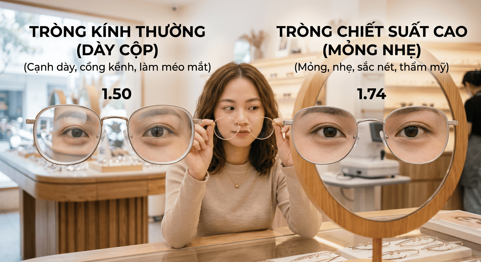 Công nghệ tròng kính chiết suất cao 1.67 và 1.74 Essilor cho người cận nặng