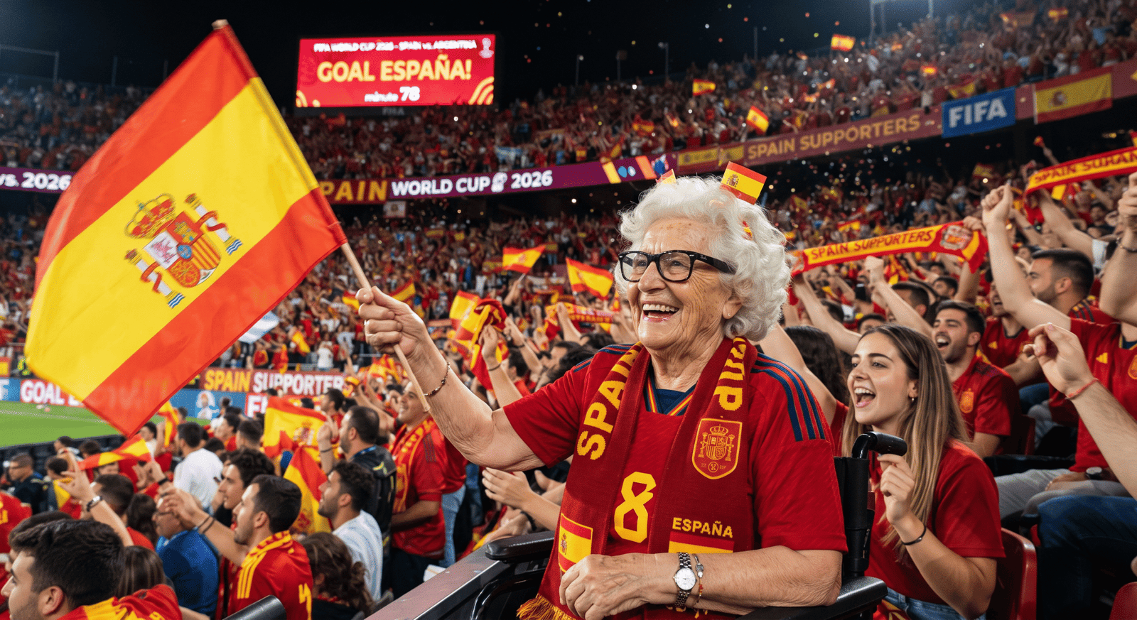 Cụ bà Nguyễn Thị Mai 80 tuổi cổ vũ Tây Ban Nha World Cup 2026 với kính Ray-Ban