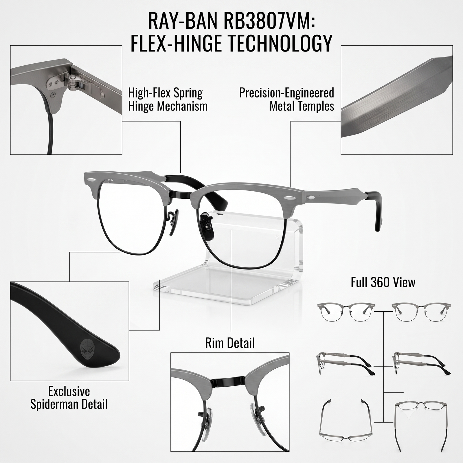 Góc nhìn 360 độ gọng kính Ray-Ban RB3807VM F108 – chi tiết chất liệu nhôm và bản lề