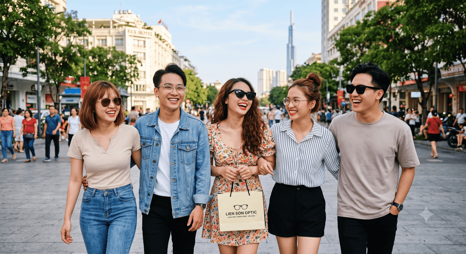 Người phụ nữ tự tin đeo kính cận thị sau khi được tư vấn chọn kính phù hợp tại Liên Sơn Optic