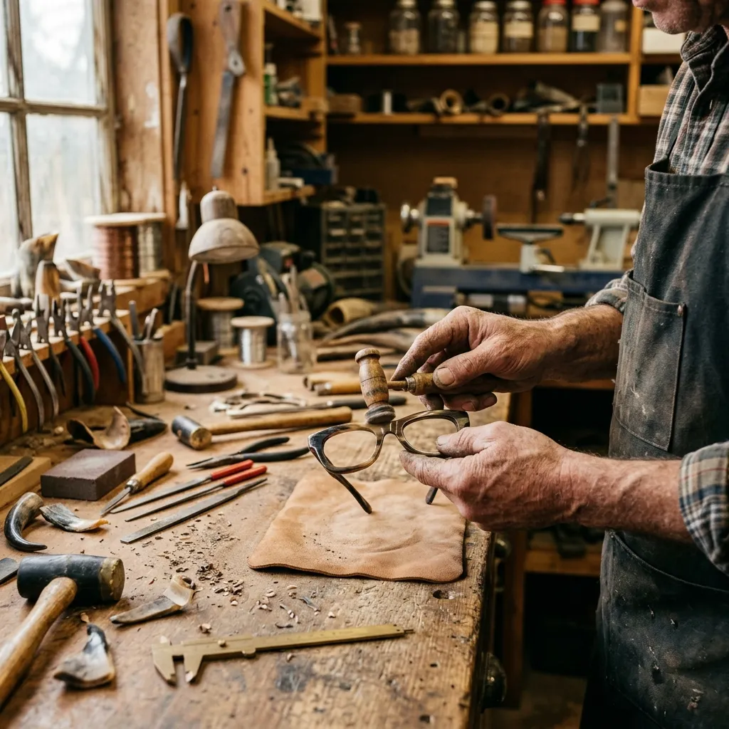 Nghệ nhân đang cẩn thận đánh bóng thủ công một chiếc gọng kính sừng trâu Bespoke