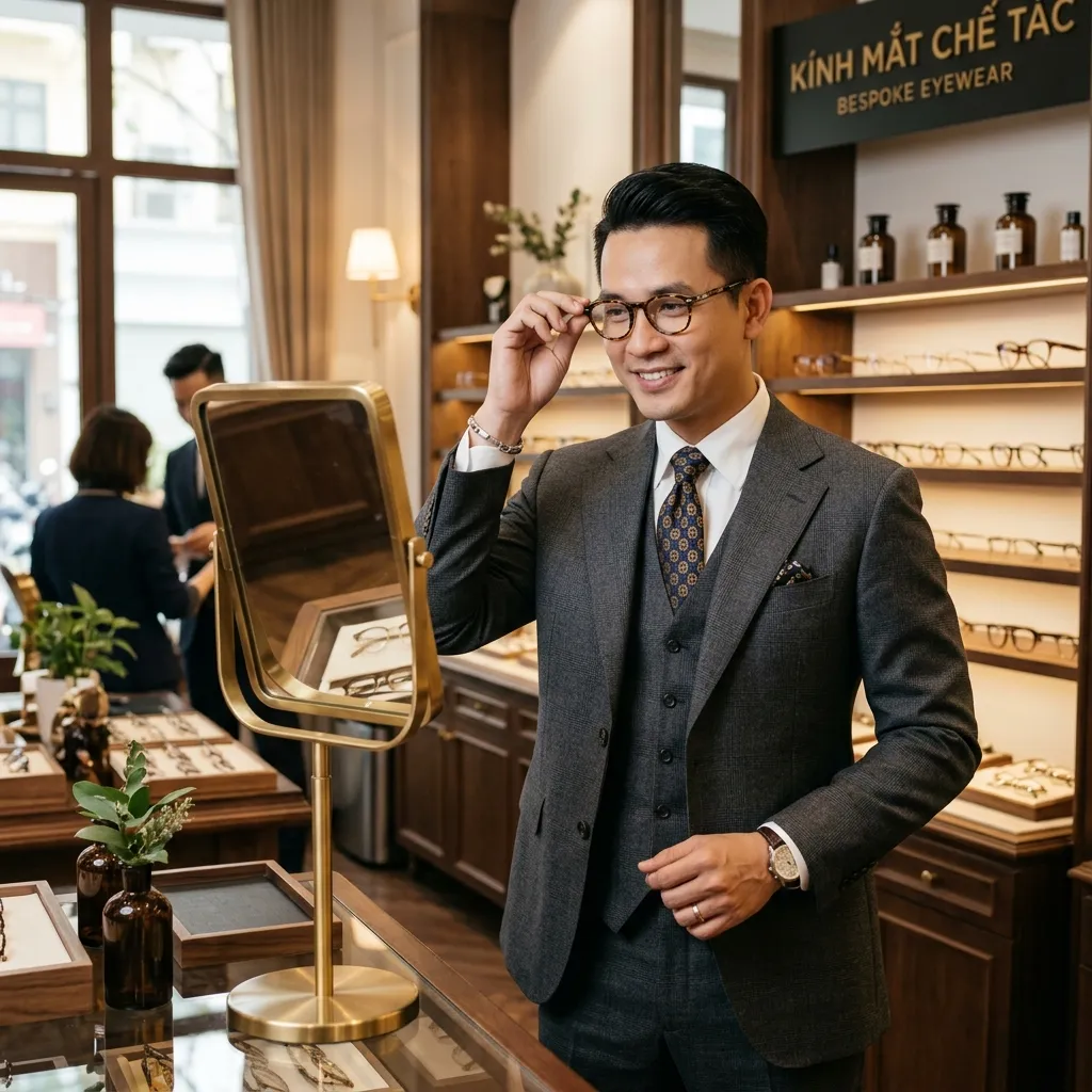Quý ông lịch lãm trong bộ suit sang trọng đang thử một cặp kính Bespoke độc bản