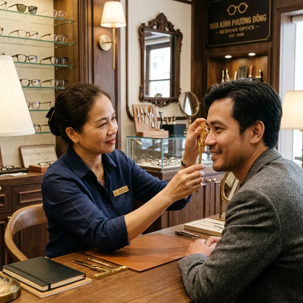 Chuyên gia nhãn khoa đang đo đạc tỉ mỉ các thông số khuôn mặt khách hàng để làm kính Bespoke