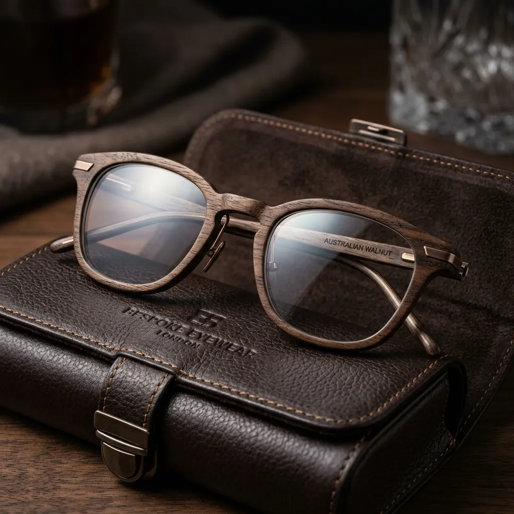 Cận cảnh cặp kính Bespoke hoàn thiện tinh xảo đặt trên chiếc hộp da thật sang trọng