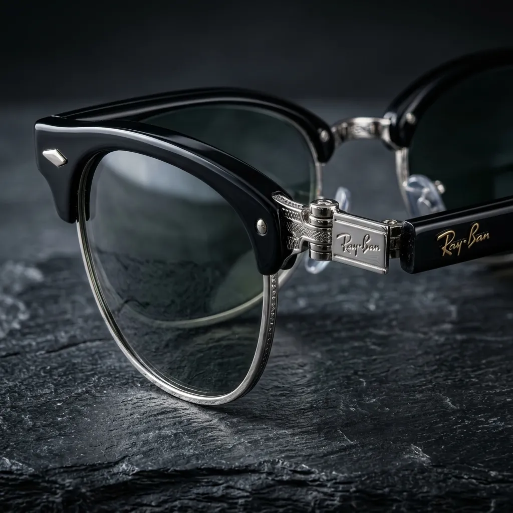 Cận cảnh chi tiết bản lề kim loại và gọng đen của Ray-Ban RB5154 8232