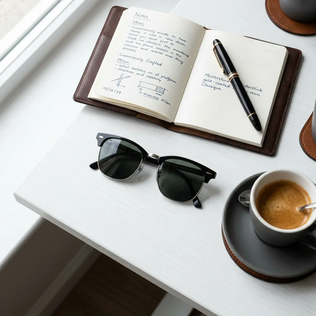 Kính Ray-Ban Clubmaster sắp xếp nghệ thuật cùng ly cà phê và sổ tay