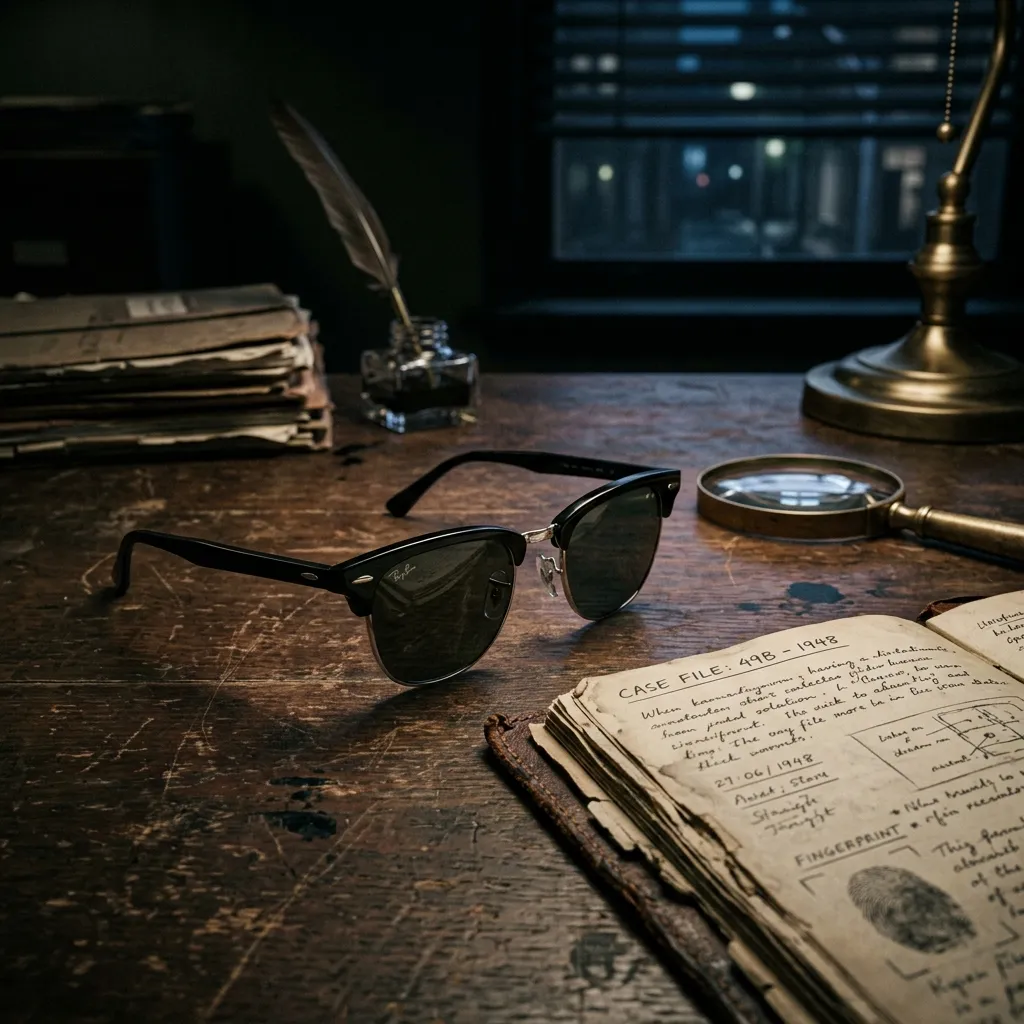 Kính Ray-Ban Clubmaster RB5154 8232 đặt trên bàn gỗ vintage mang phong cách thám tử