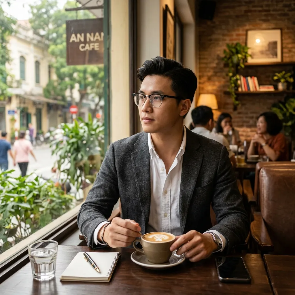 Chàng trai phong cách smart casual đeo kính Clubmaster uống cà phê