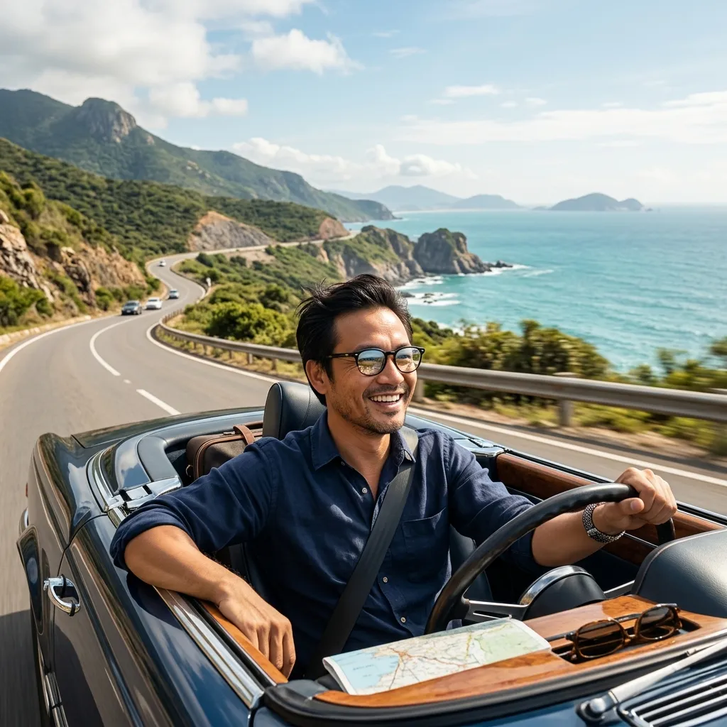 Khách hàng mỉm cười tự tin, tận hưởng chuyến dã ngoại road trip với cặp kính cực phong cách