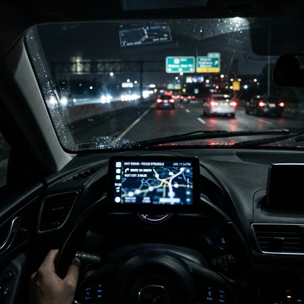 Tài xế nhíu mày căng thẳng khi cố gắng nhìn rõ màn hình bản đồ GPS phát sáng ban đêm