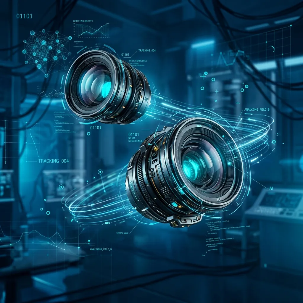 Đồ họa 3D mô phỏng AI phân tích luồng sáng đi qua tròng kính Varilux