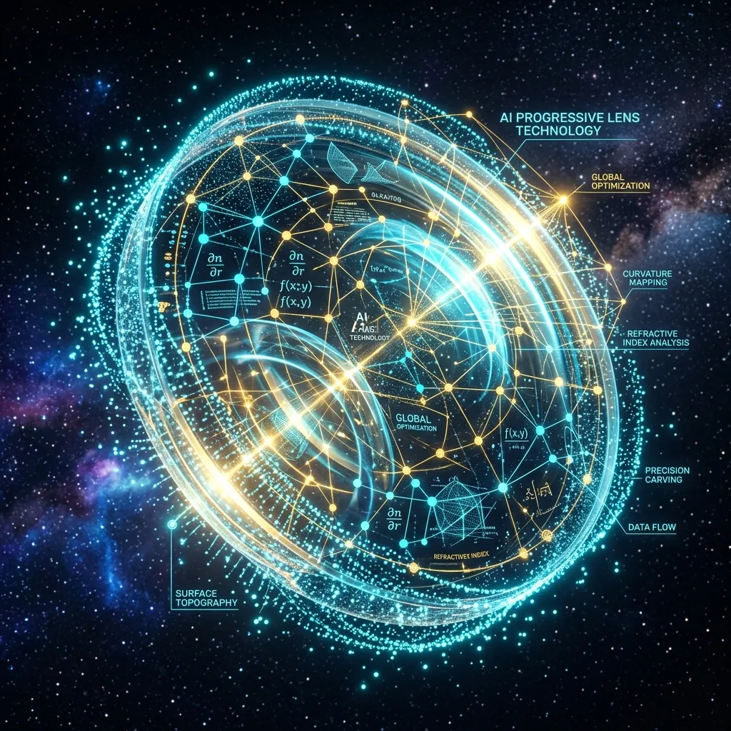 Đồ họa mô phỏng trí tuệ nhân tạo đang phân tích hàng triệu dữ liệu trên bề mặt tròng kính