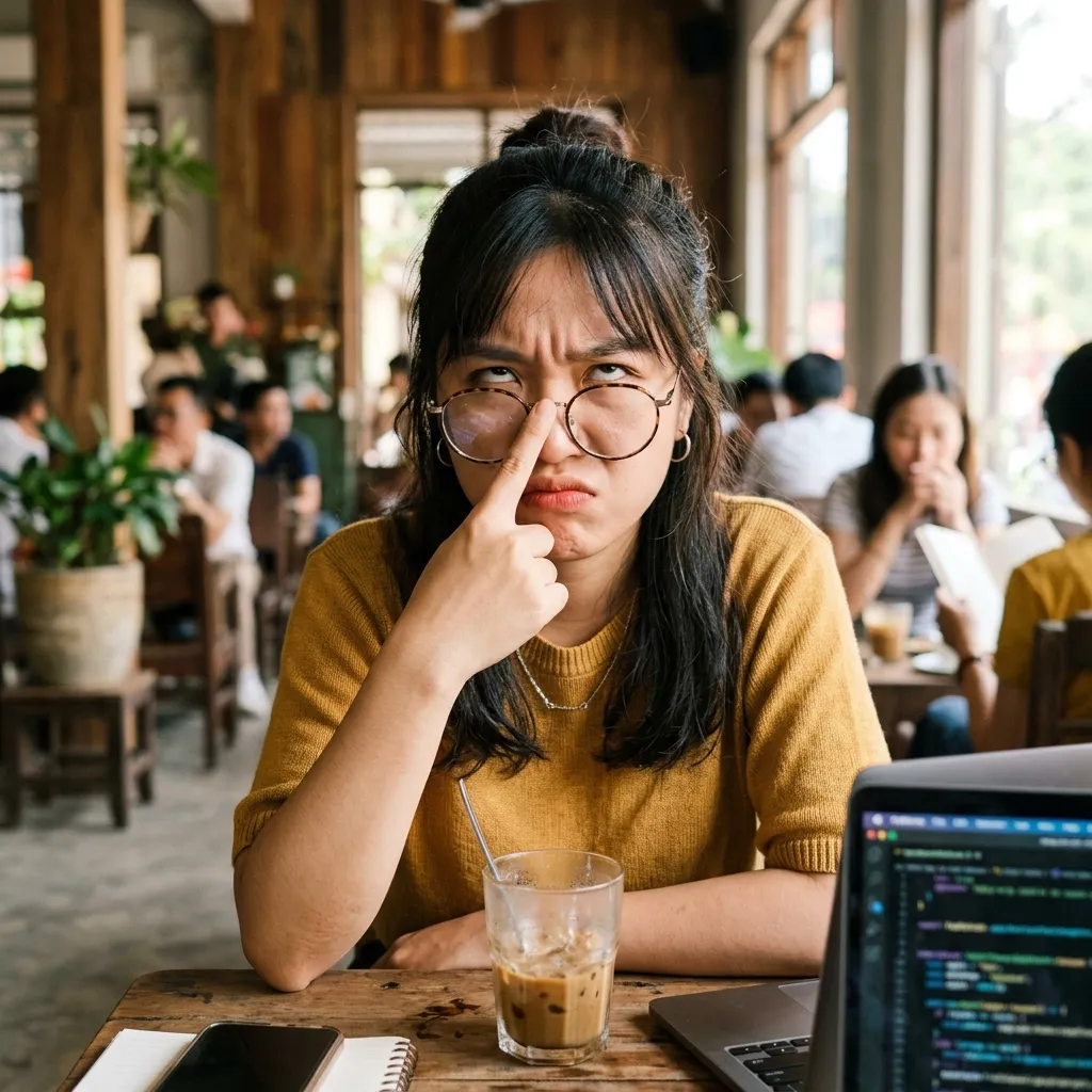Khách hàng mệt mỏi lấy tay đẩy chiếc kính bị tuột xuống sống mũi
