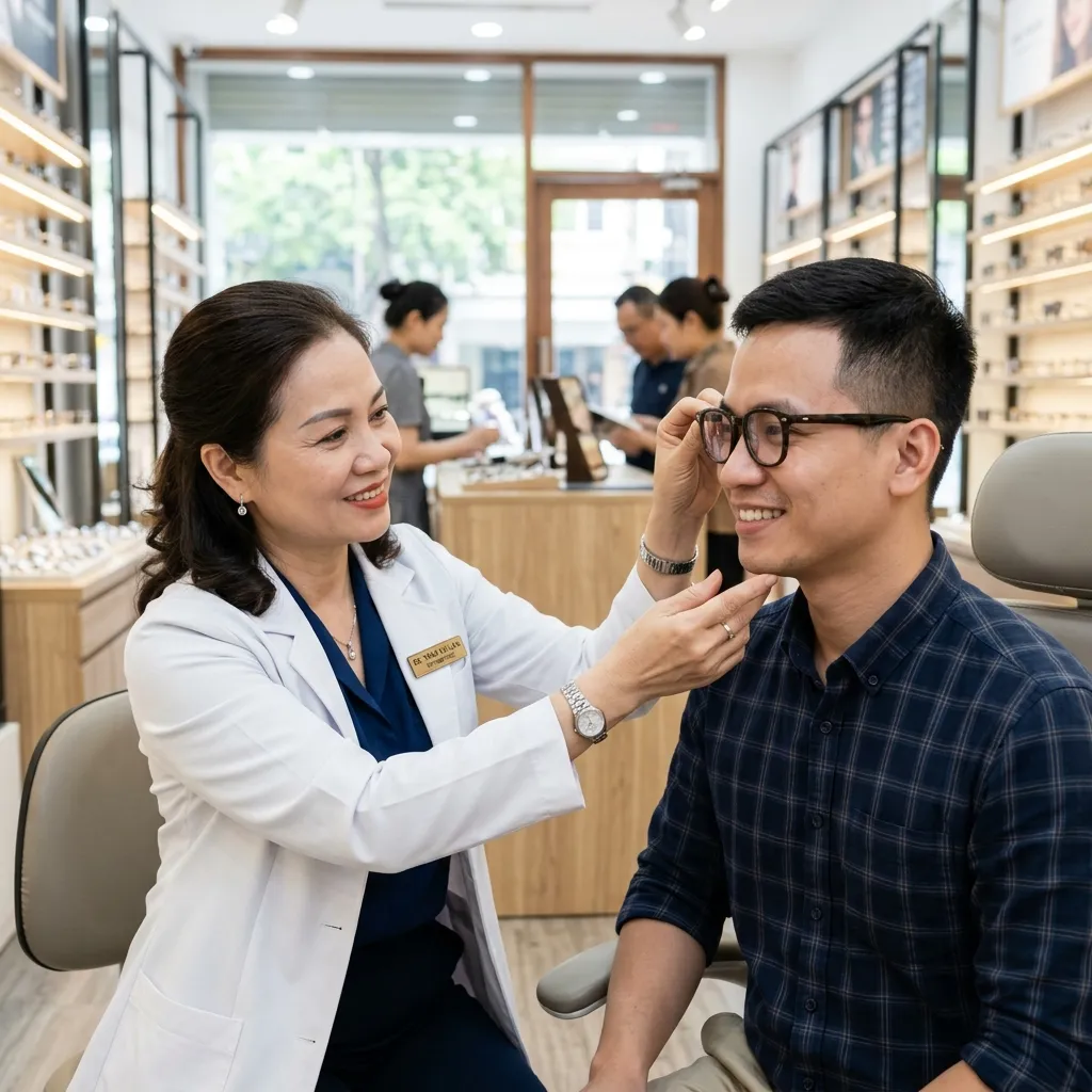 Chuyên viên khúc xạ tại Mắt Kính Liên Sơn đang tư vấn và điều chỉnh kính cho khách hàng