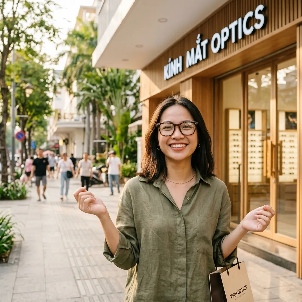 Khách hàng mỉm cười tự tin đeo chiếc kính mới được gia công chuẩn xác
