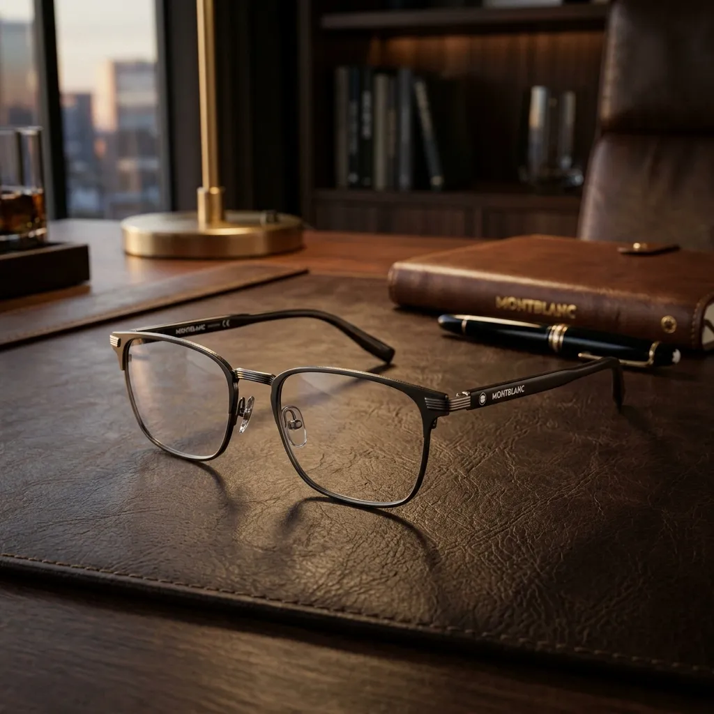Sự tinh tế của gọng kính Montblanc MB0413OA 004 đặt trên nền da cao cấp, phản chiếu ánh sáng sang trọng
