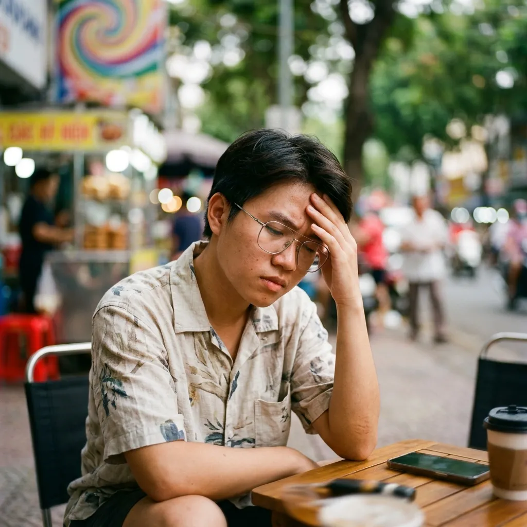 Một người đang nhăn nhó, đưa tay ôm đầu vì cảm thấy chóng mặt khi vừa đeo cặp kính mới