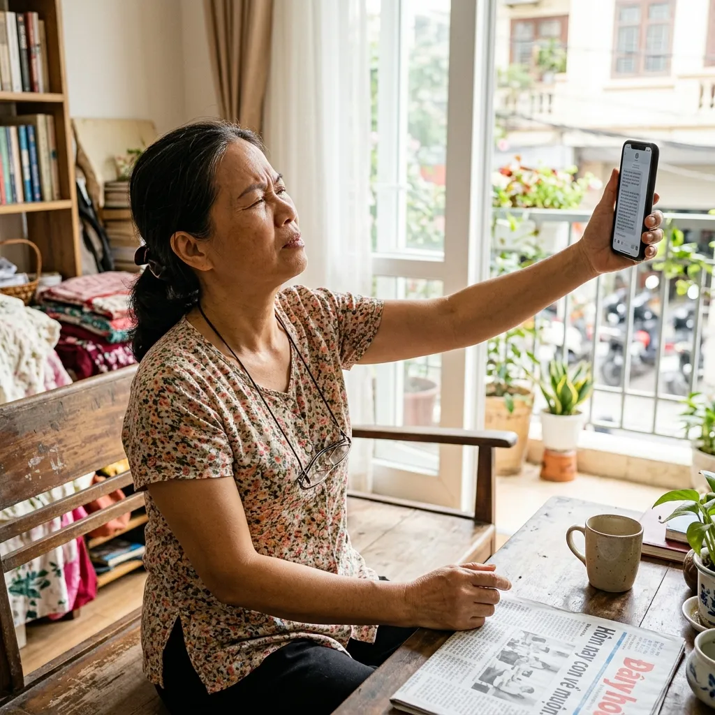 Khách hàng trung niên phải đẩy điện thoại ra xa để đọc tin nhắn