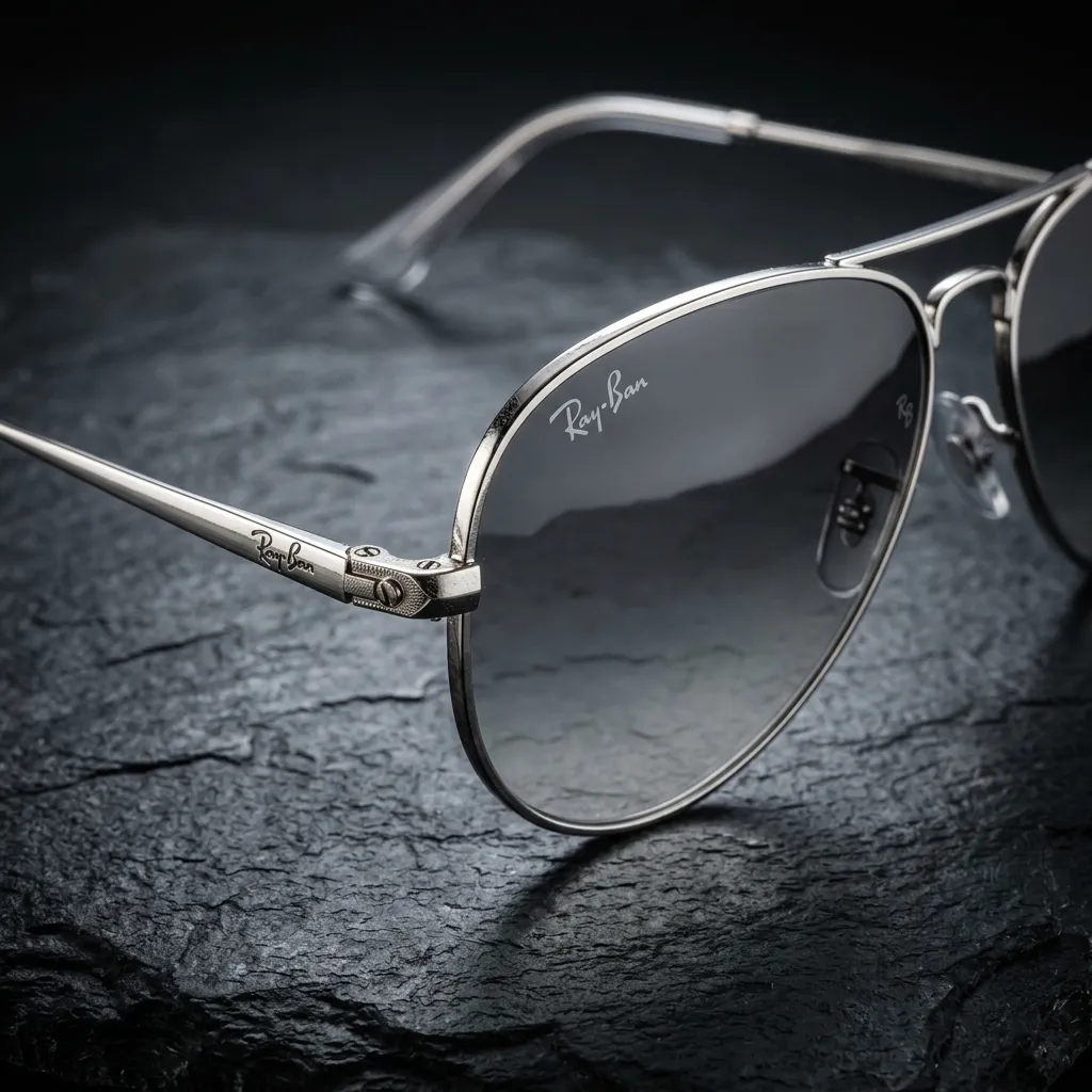 Cận cảnh chi tiết logo Ray-Ban và gọng bạc của RB3781 003/87