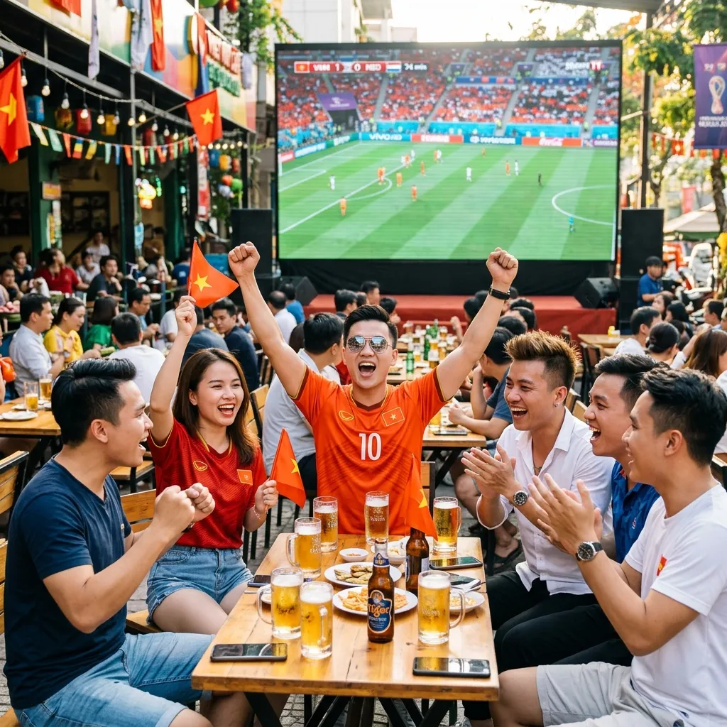 Nhóm bạn đeo kính Ray-Ban xem chung kết World Cup 2026 ngoài trời tại quán cà phê