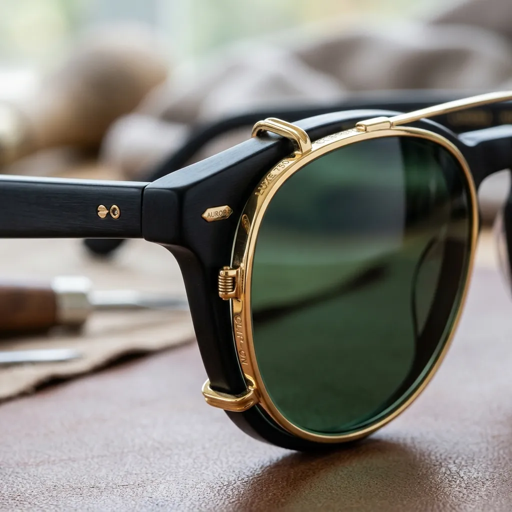 Cận cảnh tròng kẹp Clip-on Ray-Ban RX5228C mã màu 250071 với viền vàng Gold và tròng kính xanh rêu G-15 cổ điển
