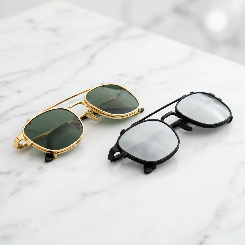 So sánh trực quan bộ đôi Clip-on Ray-Ban RX5228C phối màu 250071 viền vàng tròng xanh G-15 và 2509B8 viền đen tròng tráng gương bạc