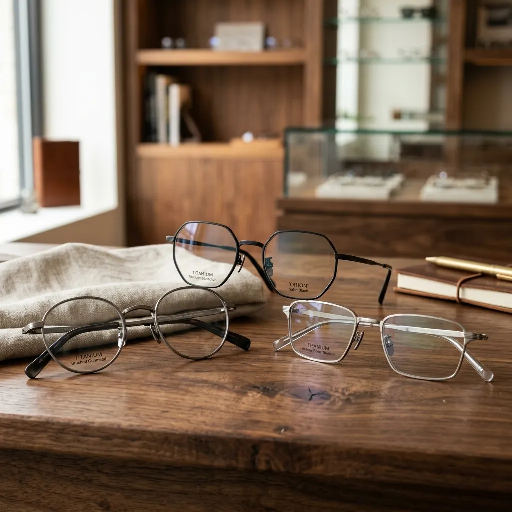 Ba mẫu gọng kính Charmant đại diện cho Line Art, Z và Blue Label được trưng bày sang trọng trên mặt gỗ