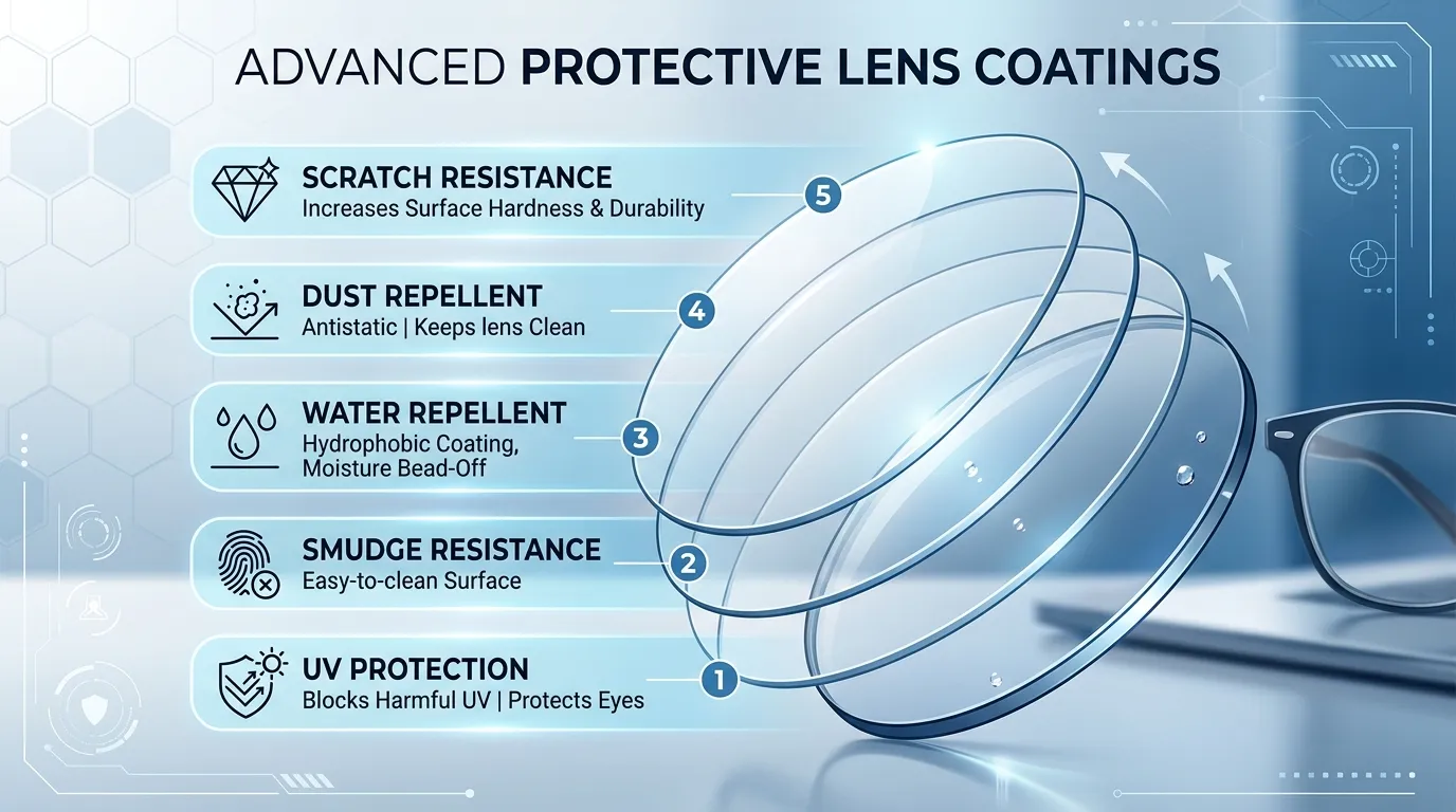 Sơ đồ 5 lớp bảo vệ của tròng kính Essilor Crizal Rock: Chống trầy, bụi, nước, vân tay và UV