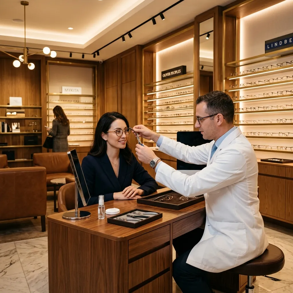 Chuyên viên khúc xạ đo khám và tư vấn chọn tròng cho gọng kính Dior tại không gian sang trọng của Liên Sơn Optic