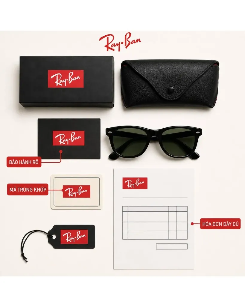 Trọn bộ phụ kiện fullbox của một chiếc kính Ray-Ban chính hãng