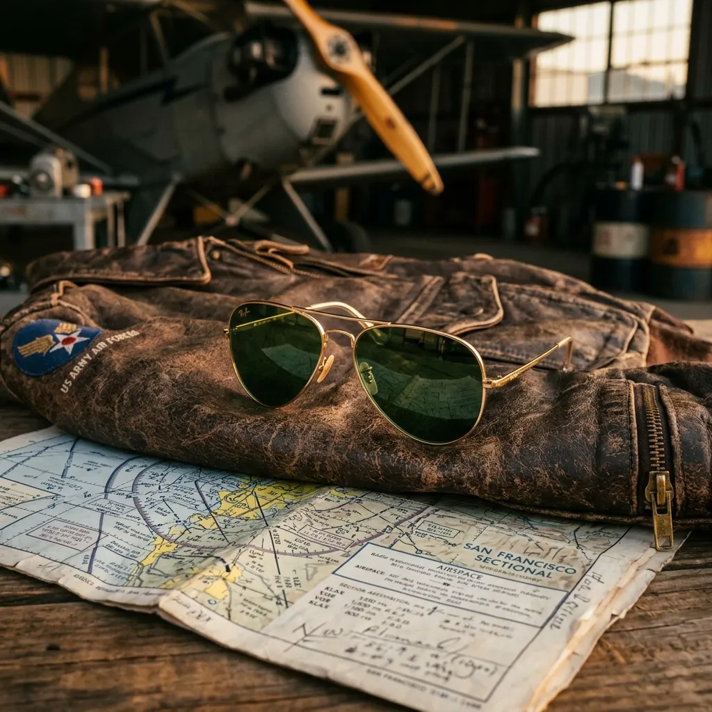 Cặp kính râm phi công Ray-Ban Aviator biểu tượng đặt trên chiếc áo khoác da vintage đầy phong cách