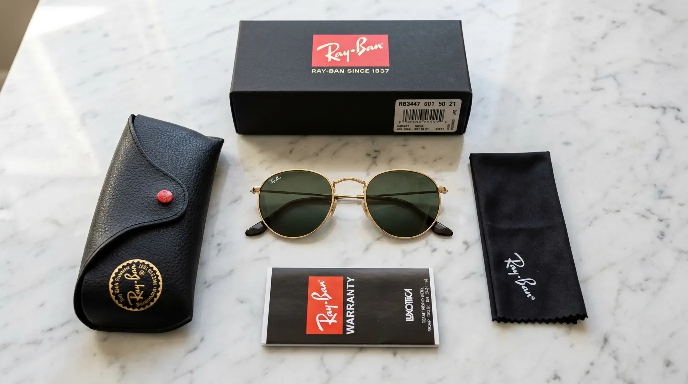 Trọn bộ full box Ray-Ban RB3774D 001/9A chính hãng: hộp, bao da, thẻ bảo hành, khăn lau