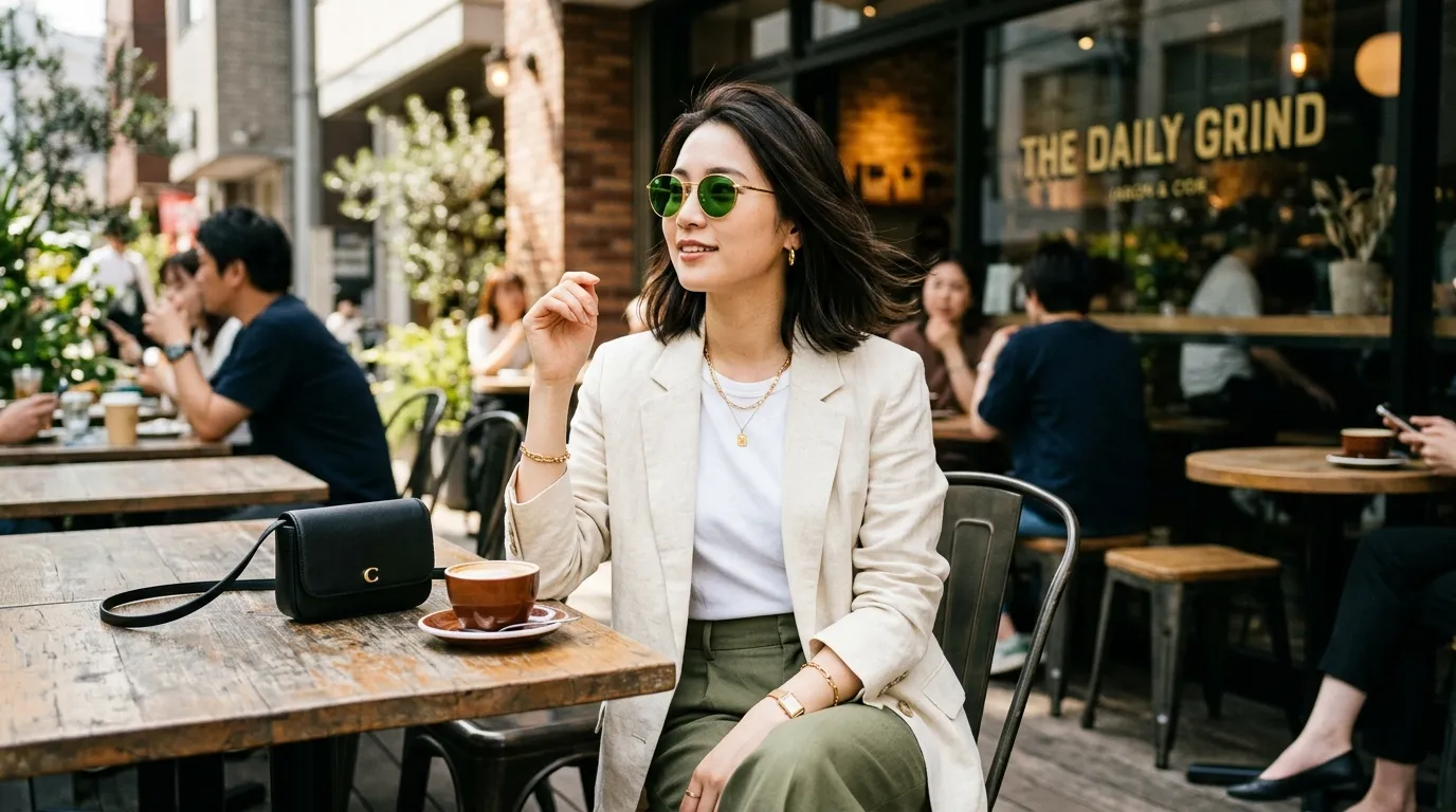 Cô gái trẻ châu Á đeo kính mát Ray-Ban RB3774D vàng Gold tại quán cà phê, phong cách casual chic