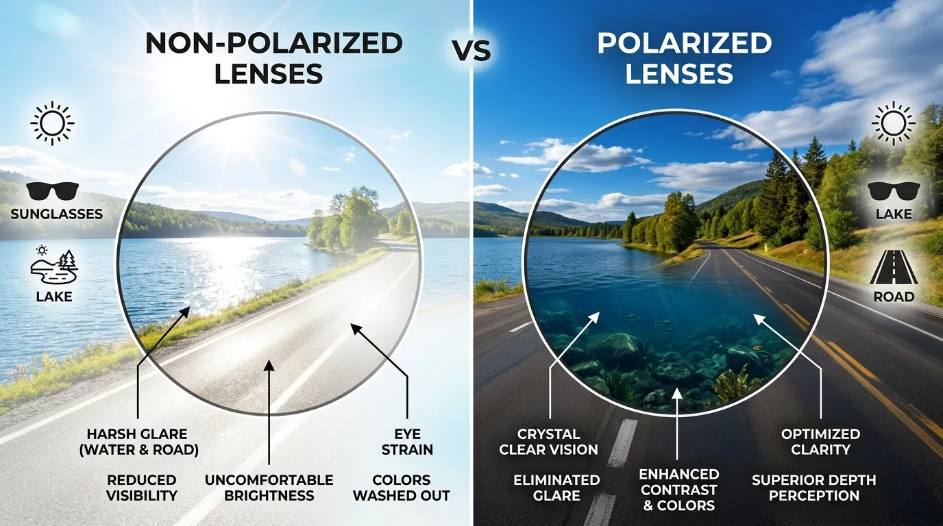 So sánh trước và sau khi đeo tròng Polarized: loại bỏ chói sáng, tăng cường màu sắc và độ nét