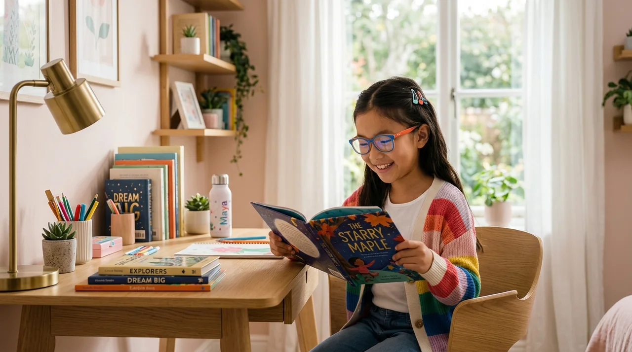 Bé gái đeo kính cận Rayban Pop-On lắp tròng Essilor Stellest ngồi đọc sách bên bàn học