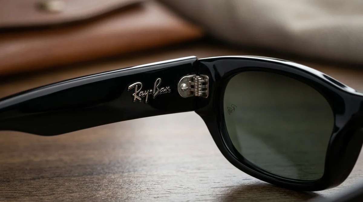 cận cảnh bản lề kim loại và chữ khắc laser rb tròng kính rayban daddy o chính hãng