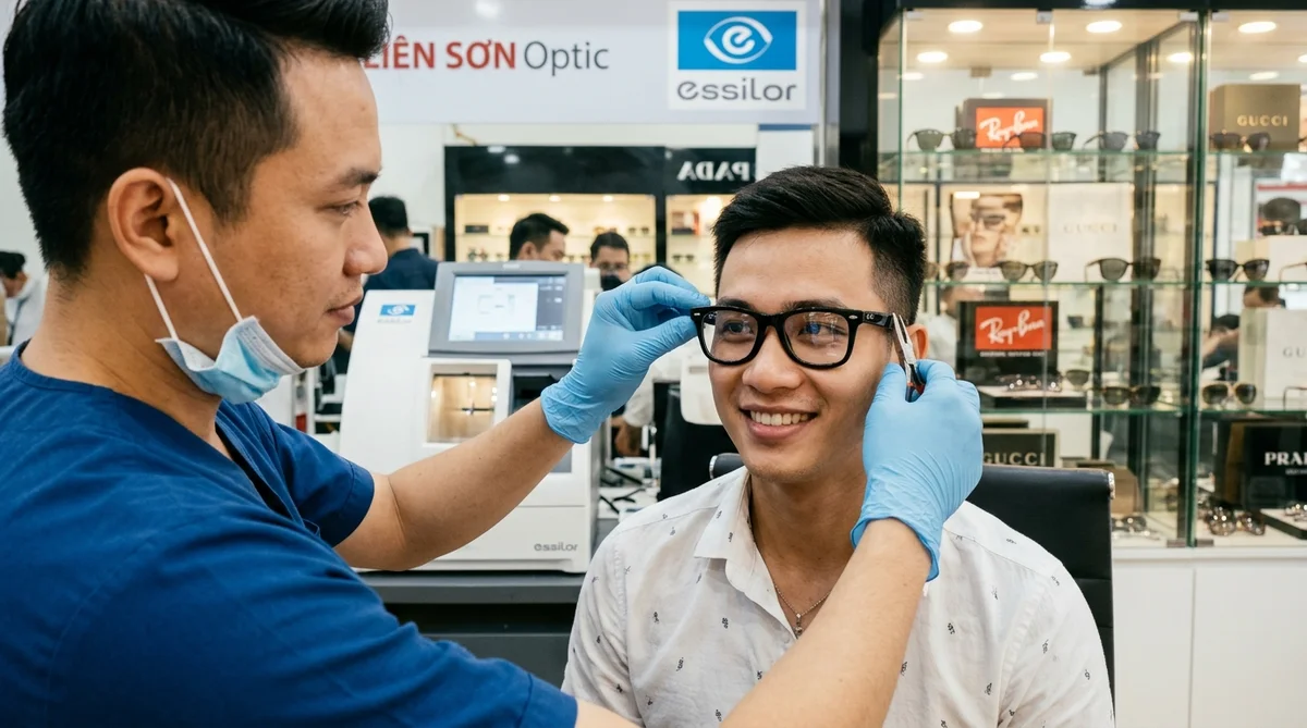 chuyên viên khúc xạ đo khám và cân chỉnh càng kính rayban wayfarer lắp tròng cận chuẩn xác trên mặt khách hàng