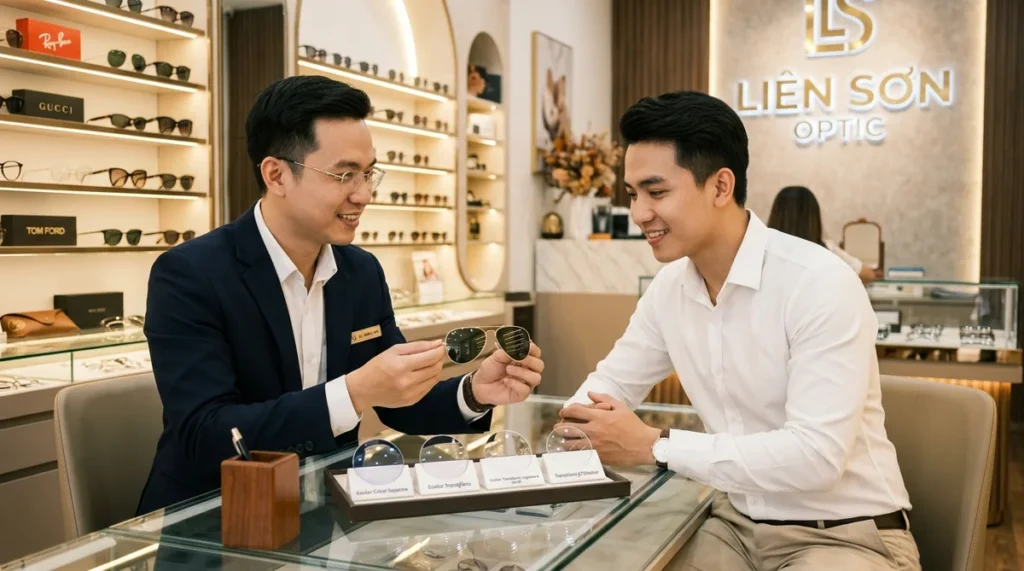 chuyên viên khúc xạ tư vấn thay tròng kính rayban aviator chính hãng tại showroom liên sơn optic tphcm