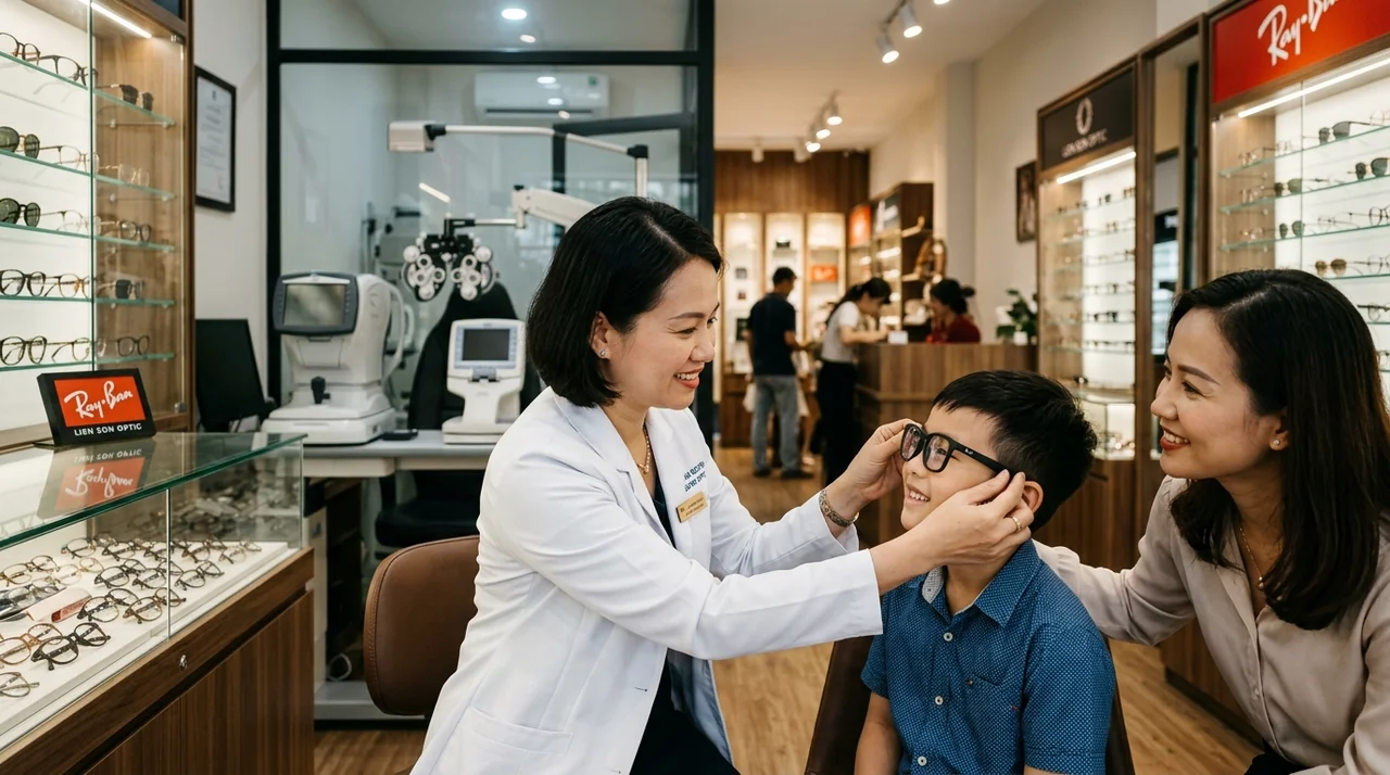 Chuyên gia khúc xạ tại Mắt Kính Liên Sơn tư vấn và nắn chỉnh kính Rayban Pop-On cho phụ huynh và học sinh