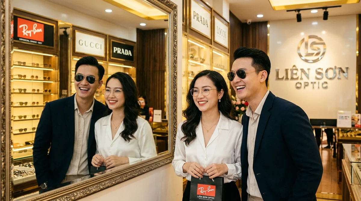 cặp đôi khách hàng trẻ mỉm cười thử kính rayban mới thay tròng trước gương showroom liên sơn optic