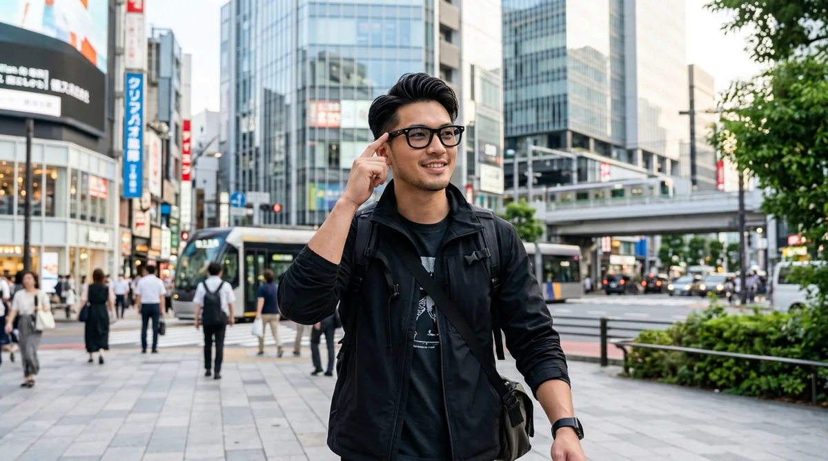 mẫu nam đeo kính thông minh rayban meta điều khiển meta ai bằng giọng nói trên phố