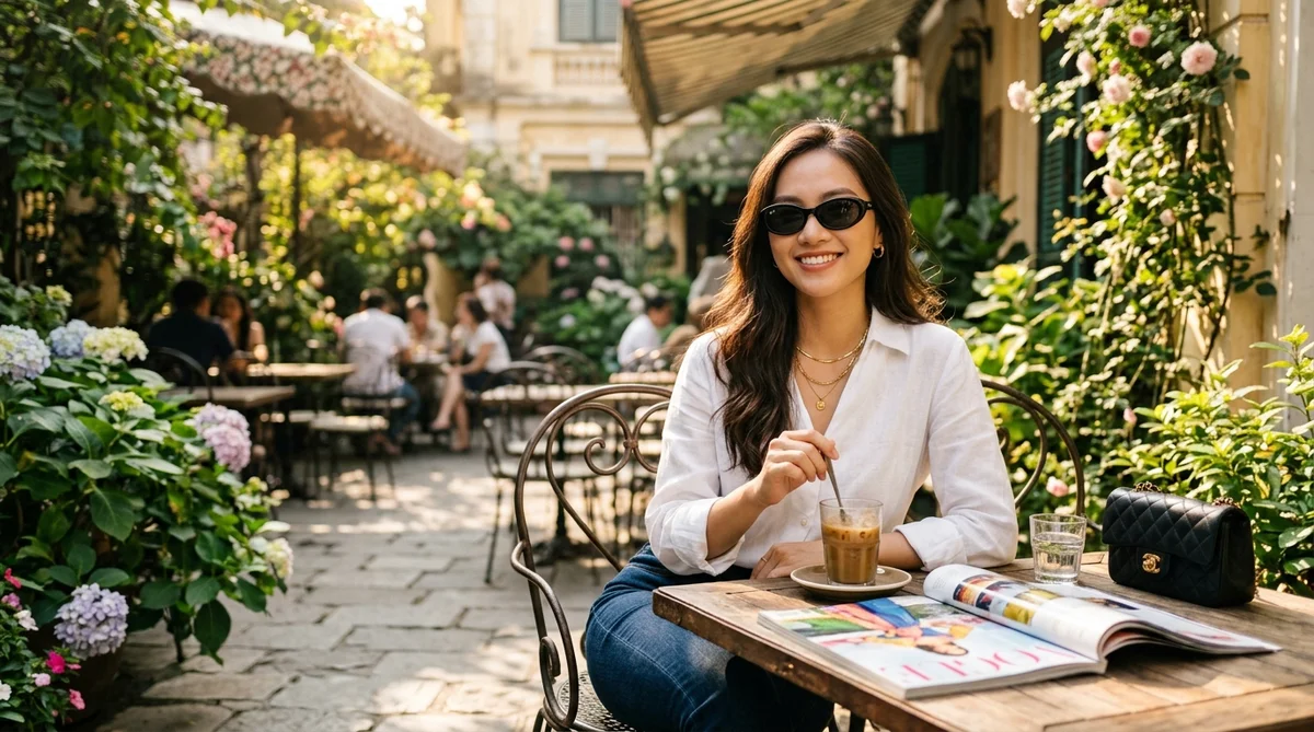người mẫu nữ thanh lịch đeo kính rayban daddy o thư thái cafe ngoài trời ngập nắng