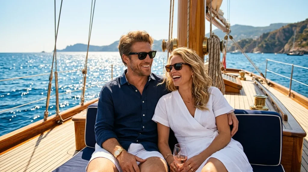 cặp đôi phong cách quý phái diện kính mát Rayban Polarized trên boong du thuyền hạng sang